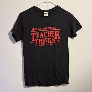 Black T-Shirt with Red 'Teacher Things' Print